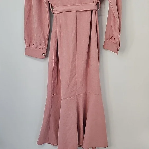 Elegant Salmon Pink Corduroy Double Breast Puff Sleeved Mermaid‎ Hem Dress - Picture 12 of 14